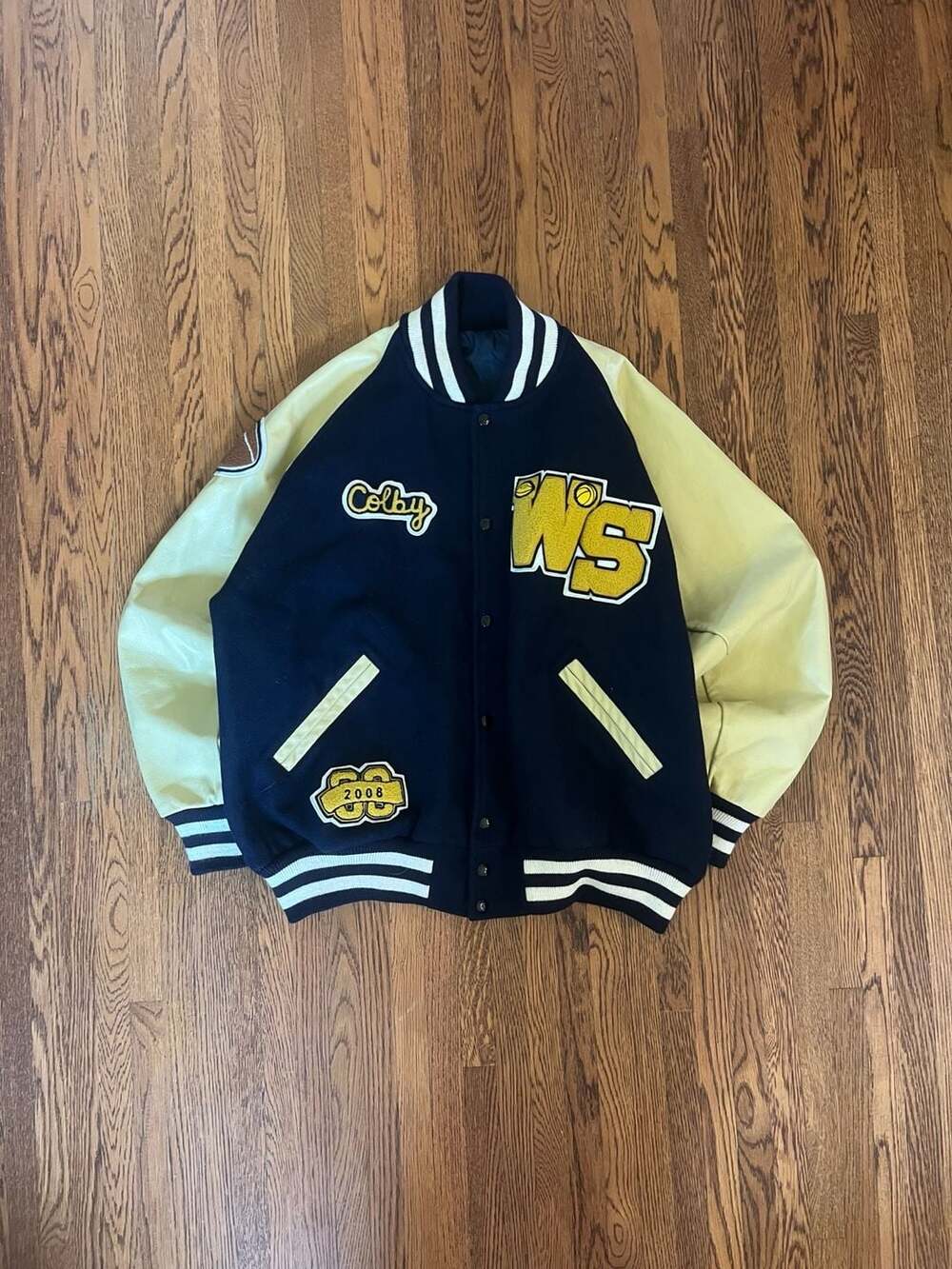 Vintage Custom Colby WS 2008 Navy Wool and Leather Varsity Letterman Jacket